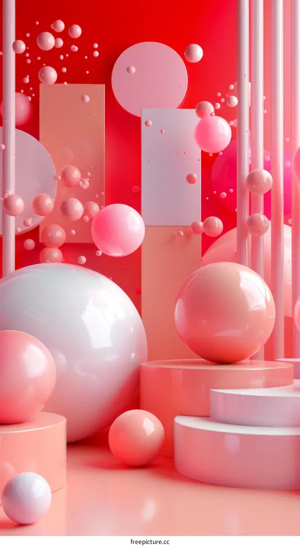 Pink and white 3D spheres on podiums against red background