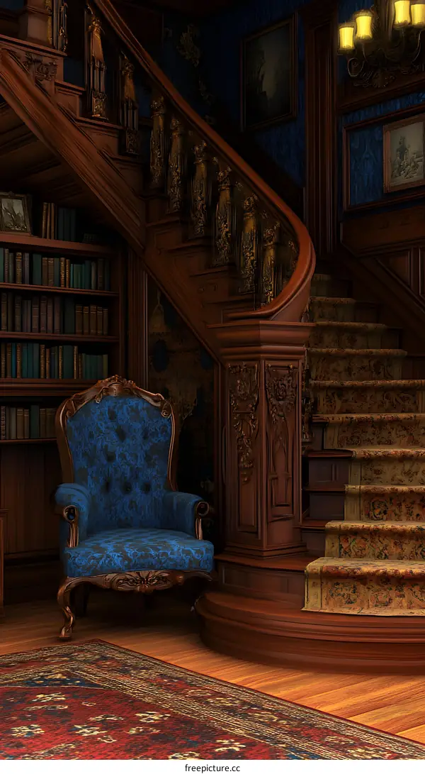 Ornate Wooden Staircase with Blue Upholstered Chair in Library Setting