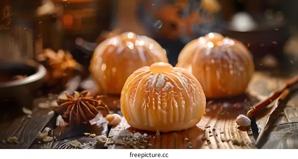 Caramel Custard Dessert with Powdered Sugar on Wooden Table