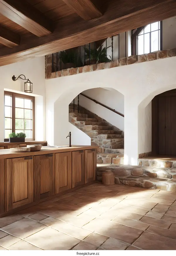 Rustic Kitchen Interior Design with Stone Stairs