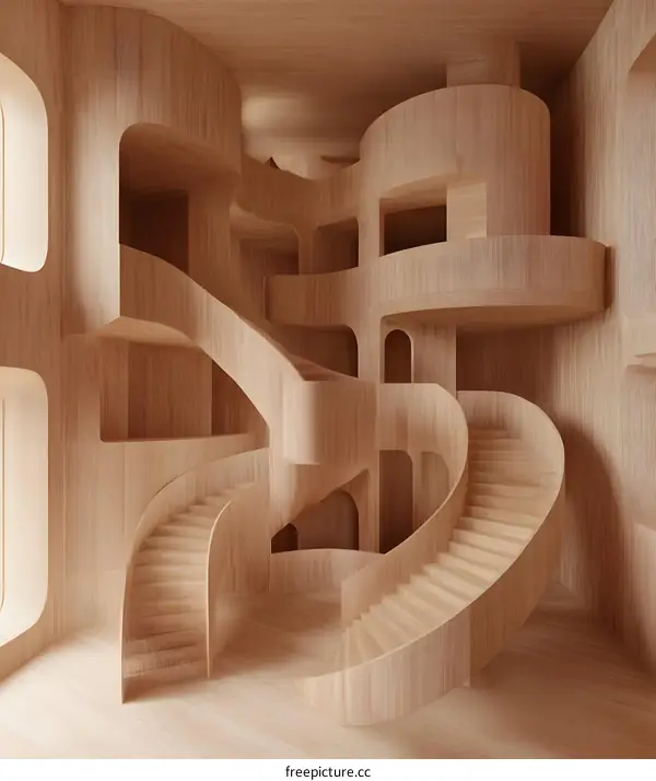 Abstract Wooden Structure with Spiral Staircases
