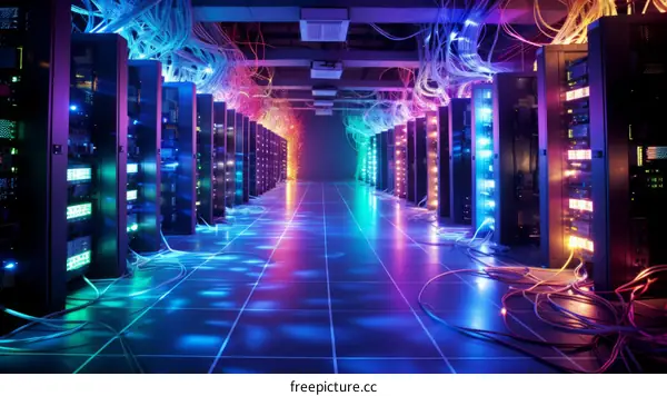 Server room with colorful lights and cables