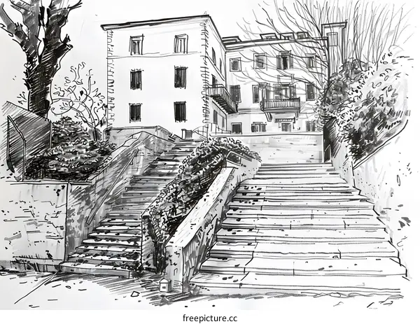 Hand Drawn Black And White Sketch Of Stone Steps Leading Up To A Building