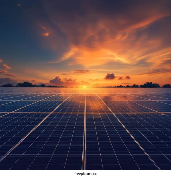 Large solar farm at sunset