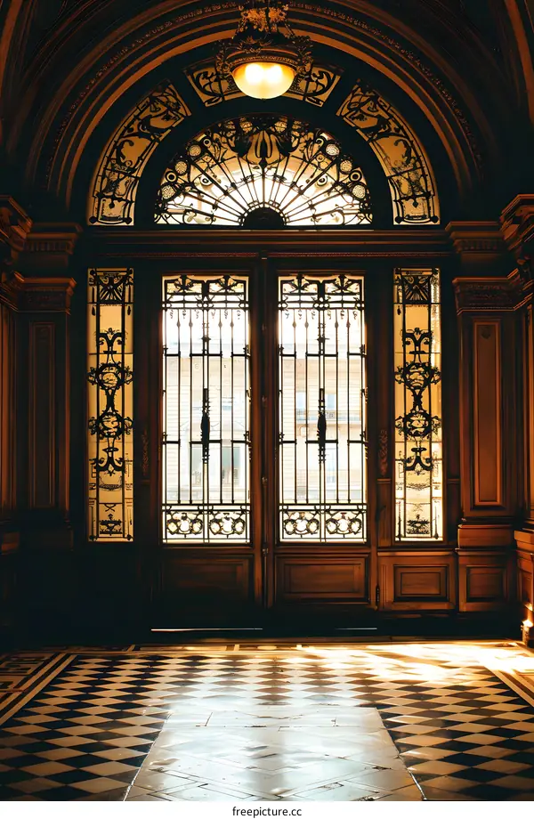 Ornate Double Doors with Wrought Iron and Glass Panels in an Old Building
