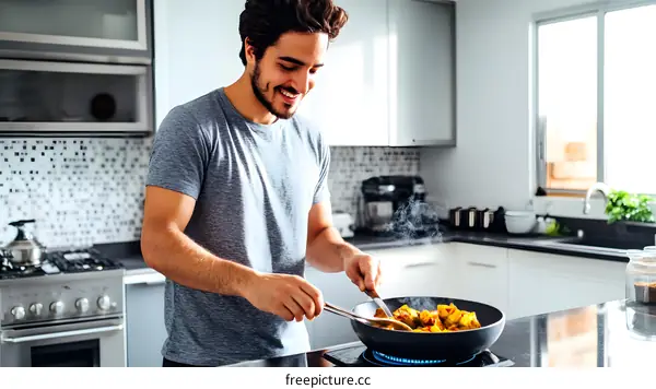 Man Cooking in Kitchen With Wok