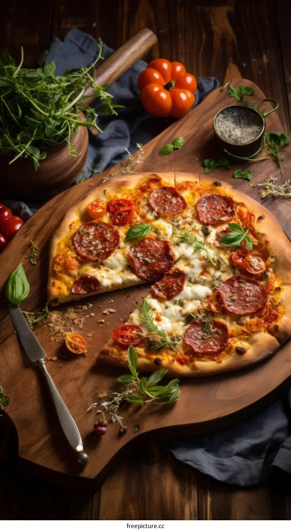 Half-eaten pizza on a wooden board