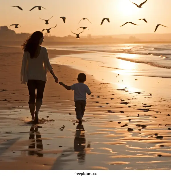 Mother and son walking on the beach at sunset