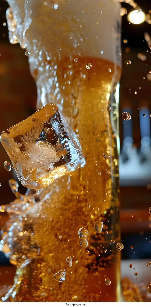 Close up of Ice Cube Dropping into Glass of Beer