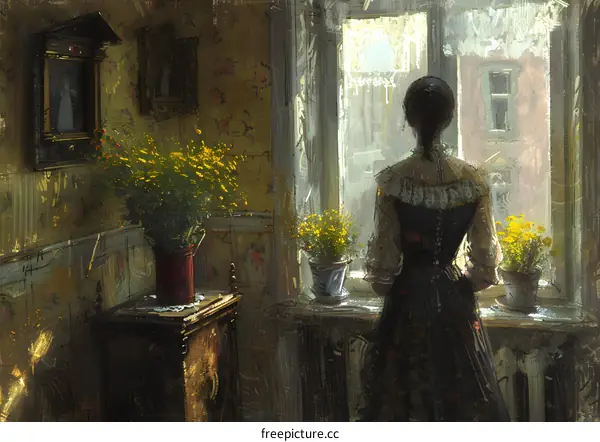 Lady in Victorian dress standing by the window