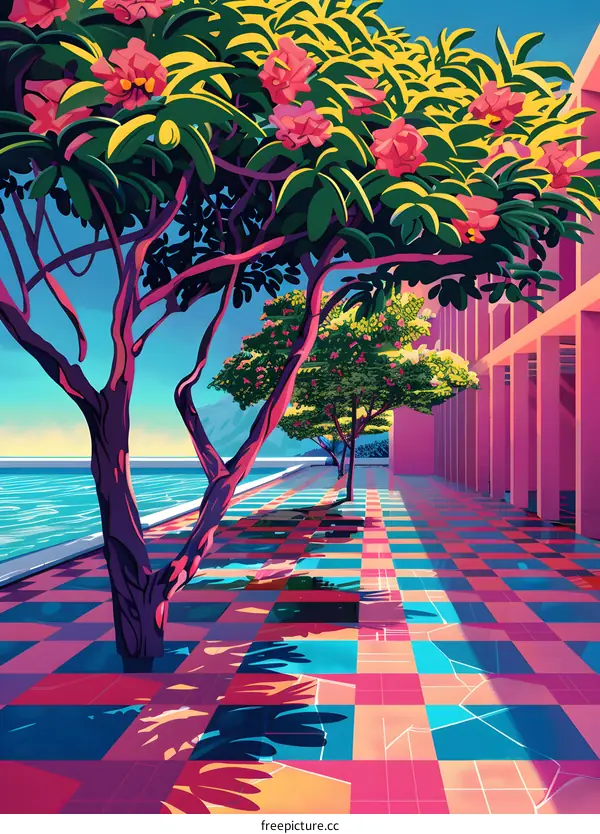 Tropical Landscape with Pink Building and Checkerboard Floor