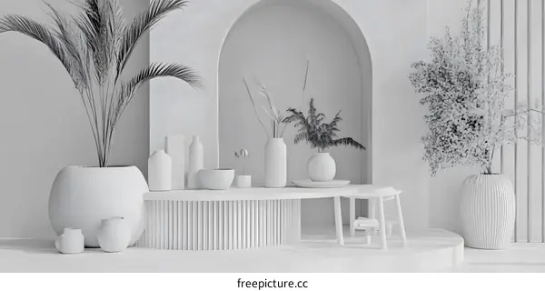 White Minimalist Interior Design with Plants and Vases