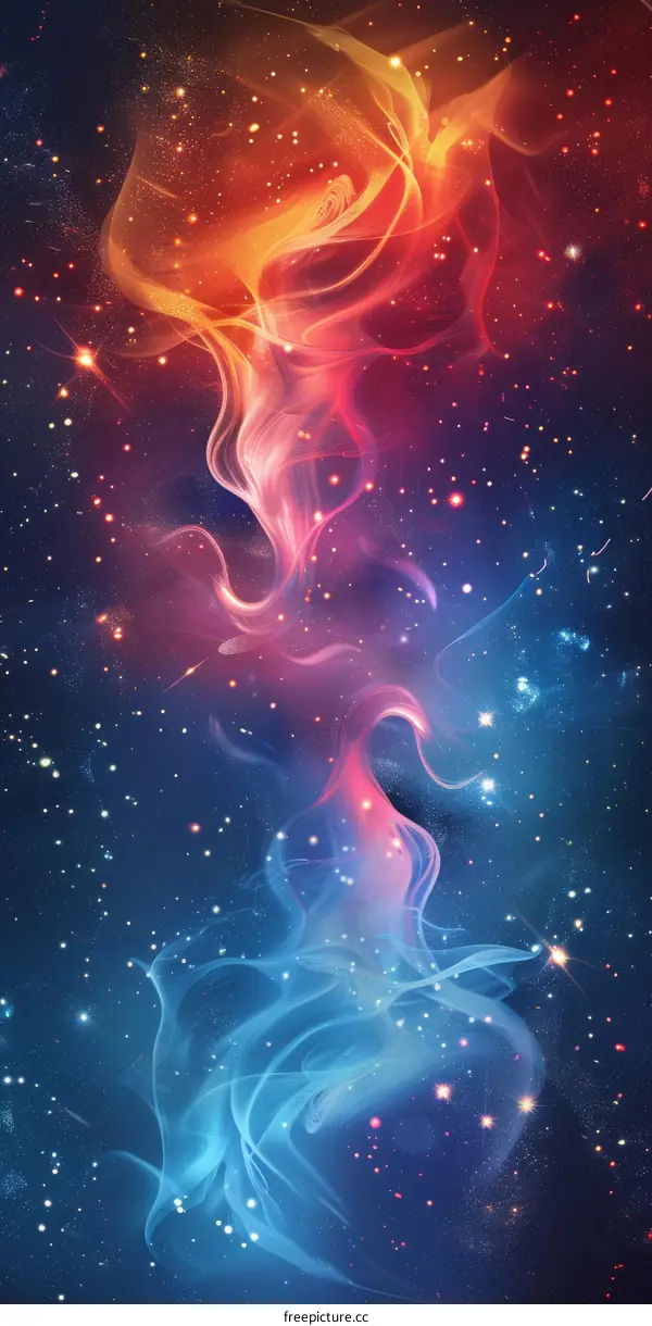 Red and blue flames intertwine in space