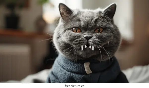 A gray cat with sharp teeth is wearing a blue sweater