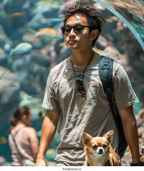 A man and his small dog looking at an aquarium