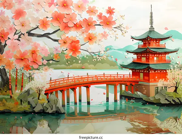 Japanese pagoda and bridge with cherry blossoms