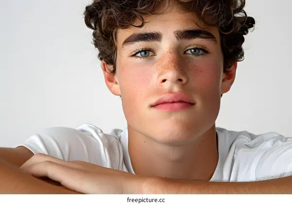 Portrait of a young male model with freckles and blue eyes