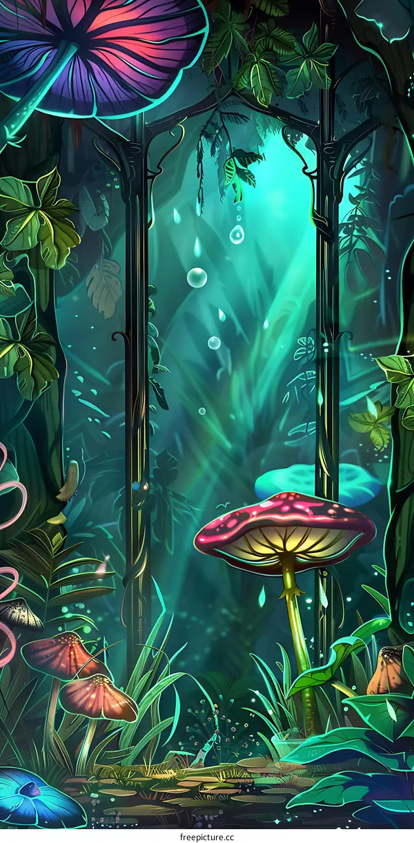 Glowing Forest with Magical Mushrooms and Vines