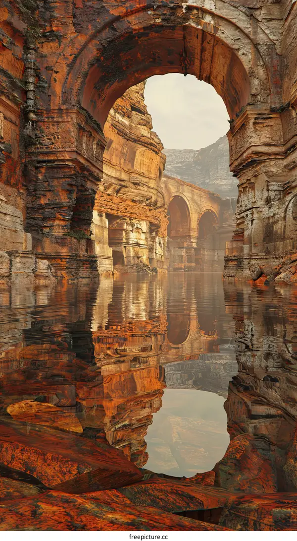 Fantasy landscape with a bridge over a river flowing through a canyon
