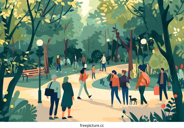 People Walking in a Green Park Illustration