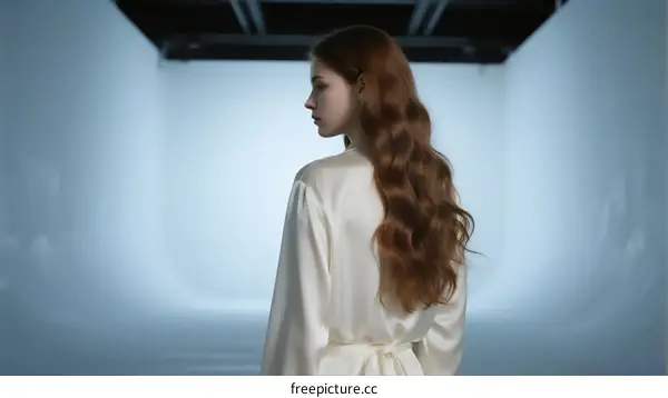 Rear View of Woman with Long Wavy Hair in White Silk Robe
