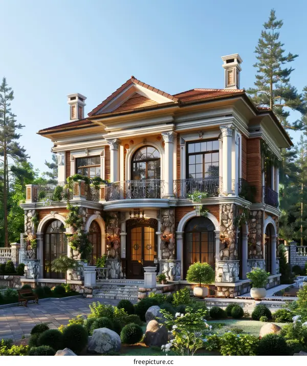 European style two-story house exterior with columns and a terrace