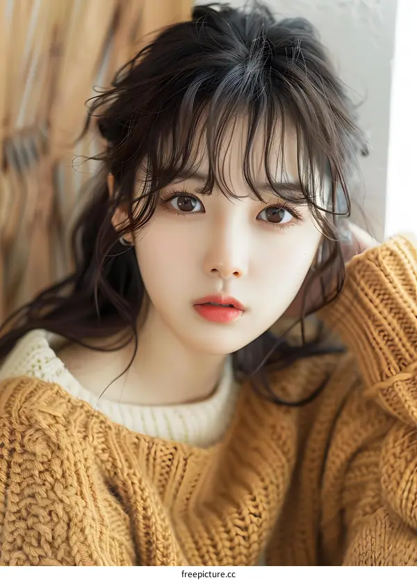 Portrait of a Young Woman with Long Dark Hair Wearing a Yellow Knitted Sweater