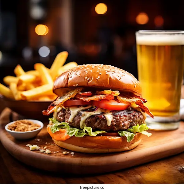 A delectable burger, crispy fries, and a refreshing beer