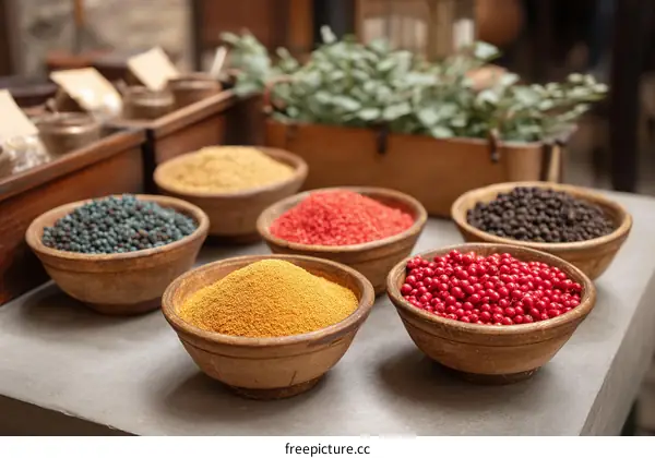 Assortment of Colorful Spices in Wooden Bowls