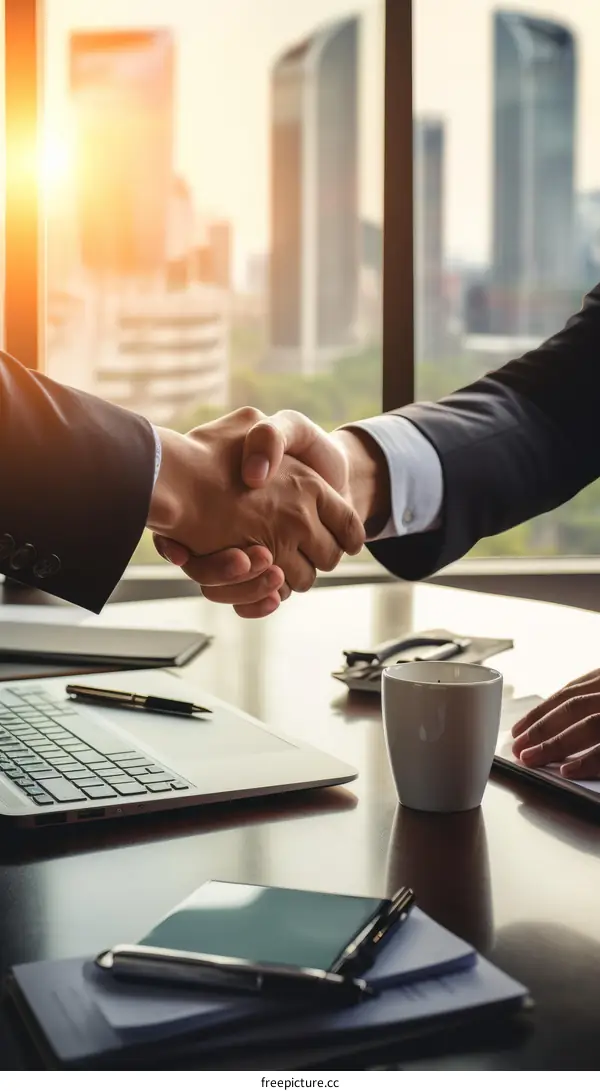 Businessmen shaking hands over a desk, laptop on it