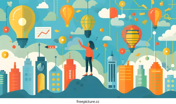 Woman Standing on a Hilltop with Lightbulbs and Skyscrapers in the Background