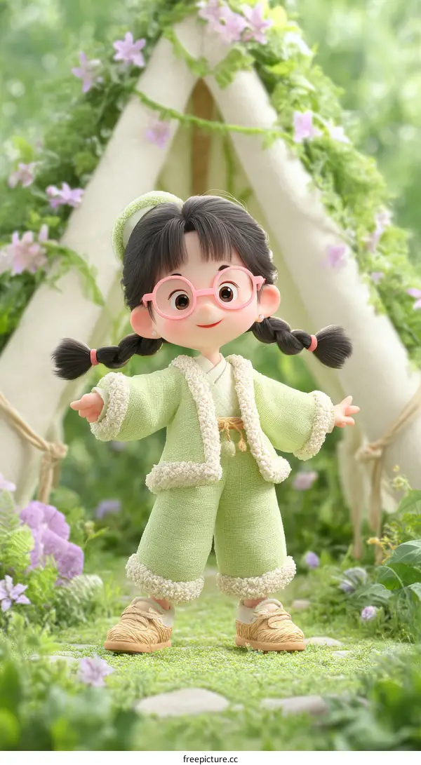 Cute Cartoon Girl in a Springtime Meadow