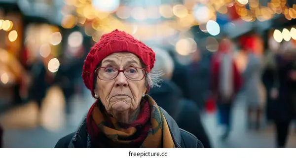 Portrait of an elderly woman wearing a red hat and glasses