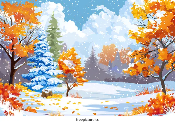 Winter Forest with Snow and Autumn Leaves