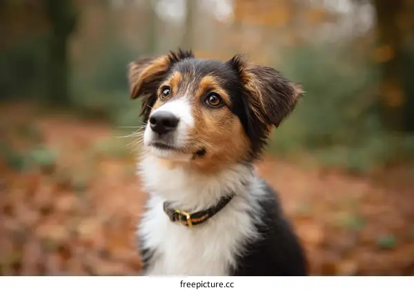 Close-up Portrait of a Border Collie Puppy in Autumn Forest