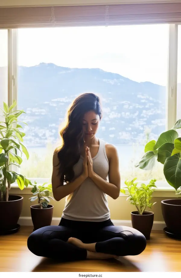 A young woman practices yoga in a room with large windows and many plants