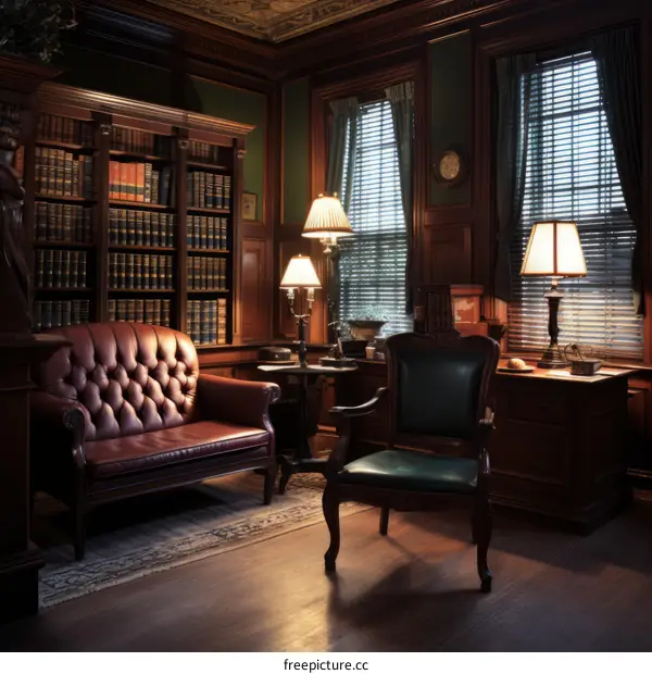 Vintage Green Study with Leather Furniture