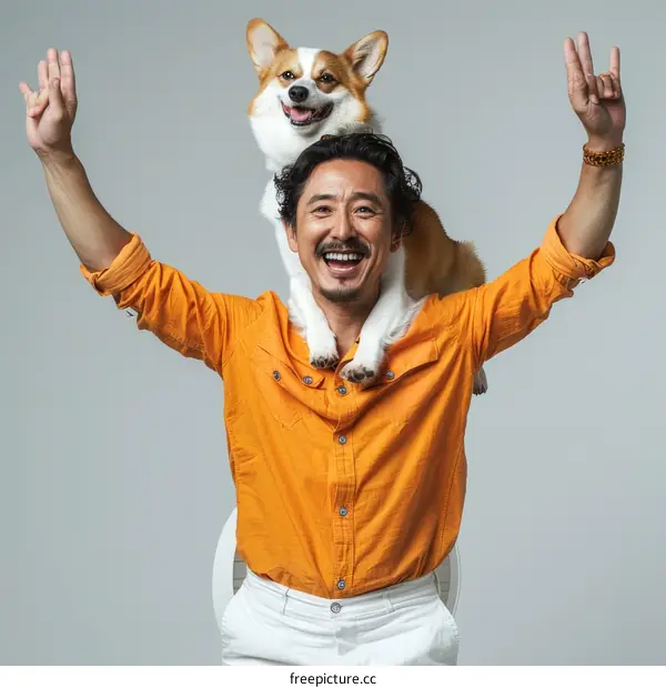 Asian man with a corgi on his shoulders