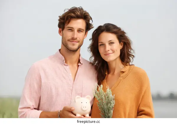 Couple holding piggy bank outdoors