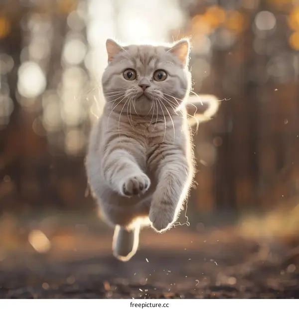 A ginger cat is running in mid-air with a blurry background