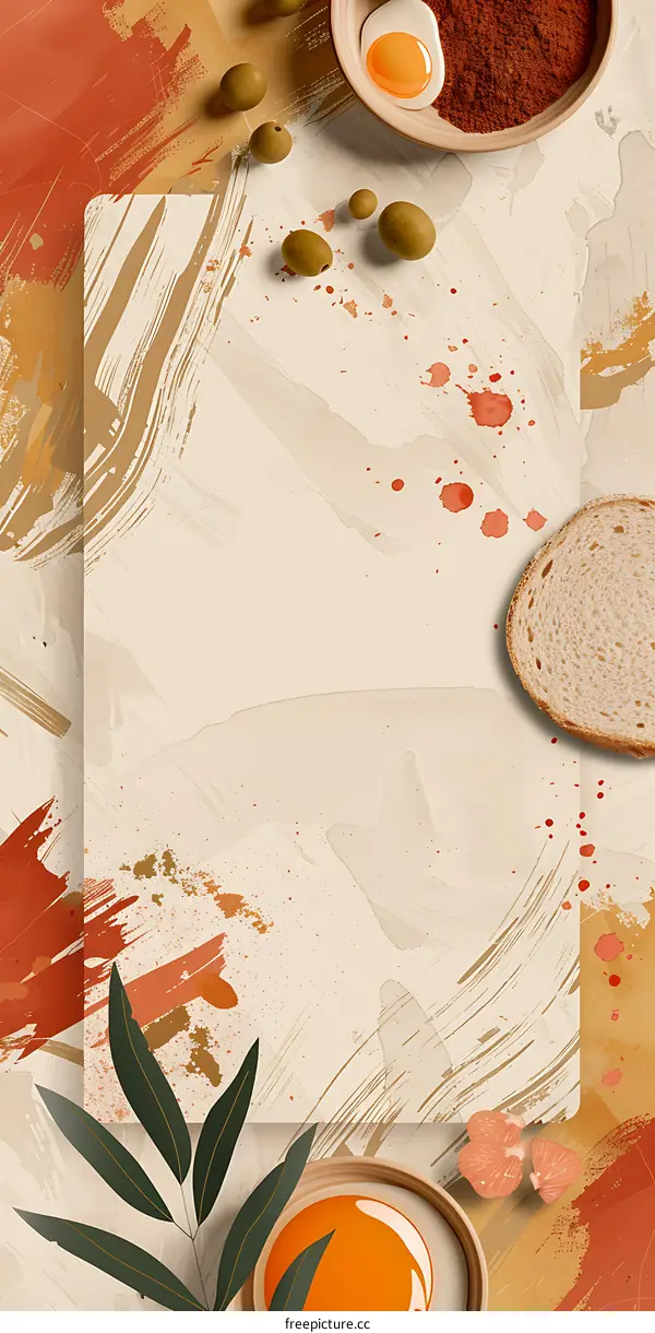 Abstract Food Background with Eggs Olives and Bread