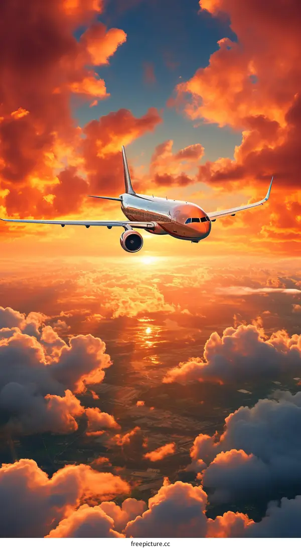 airplane flying over clouds at sunset