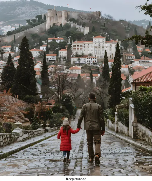 Father and Daughter Walking Up a Hill in a European Town