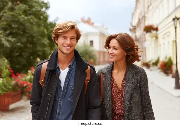 Couple Walking Through the City Street