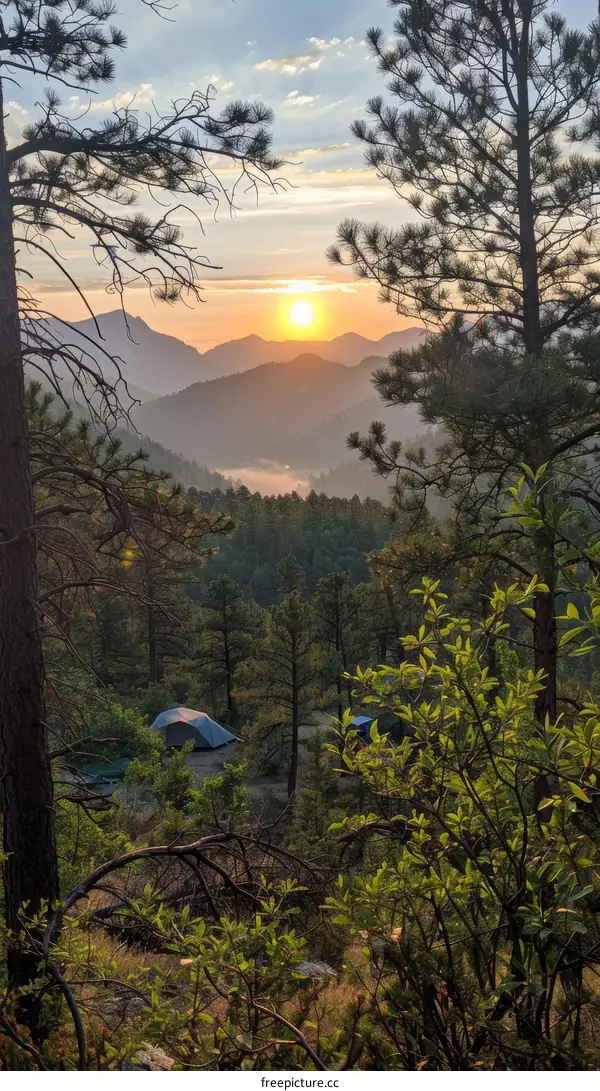 Camping in the mountains with a beautiful sunset