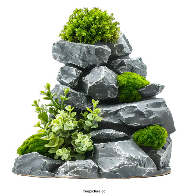 [Transparent Background PNG]Grey Rocks with Green Plants for Decoration