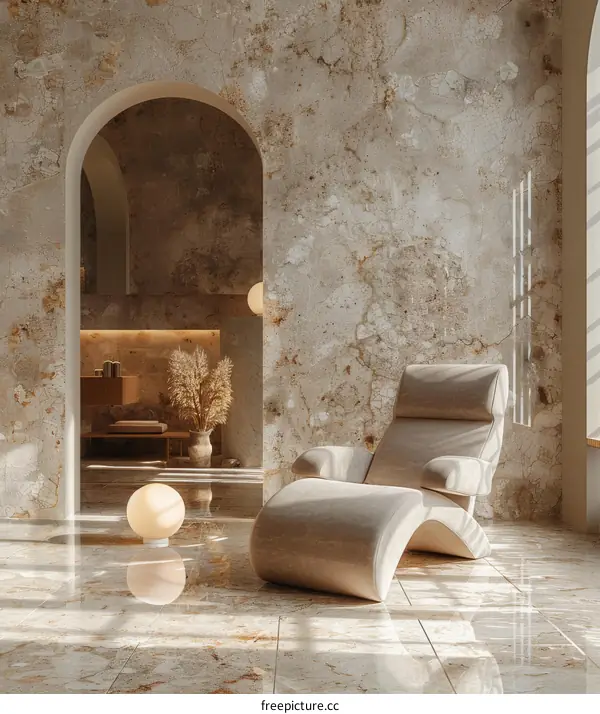 A modern living room with a stylish armchair and a large arched window