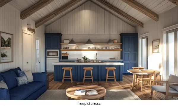 Cozy Coastal Cabin Living Room and Kitchen
