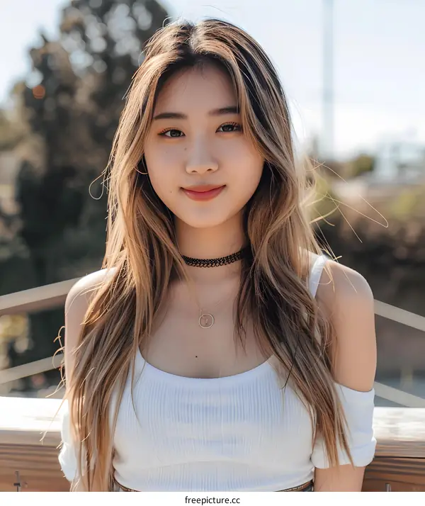 Young Asian Woman with Long Brown Hair Wearing a White Tank Top and a Gold Necklace