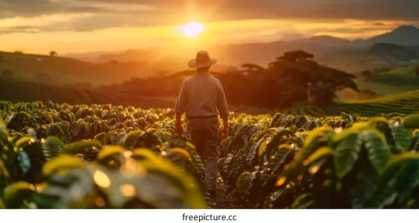 A farmer walks through a lush green coffee plantation at sunset